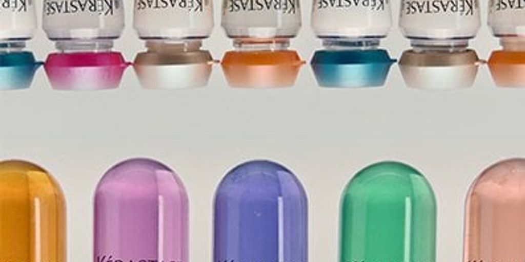 Variety of colorful, branded haircare product bottles in a row.