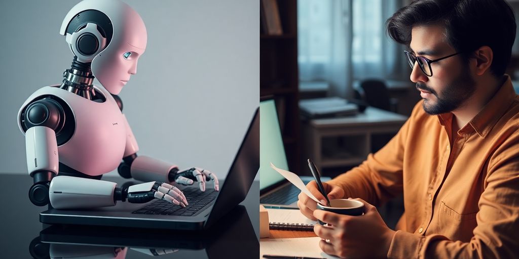 Robot and human writer collaborating in a creative workspace.