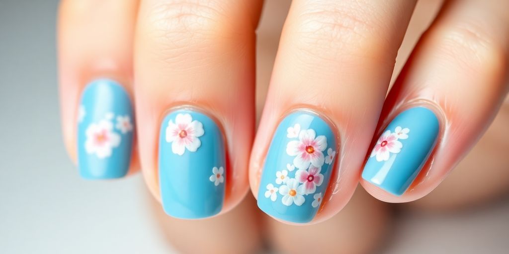 Unhas azuis decoradas com desenhos florais delicados.
