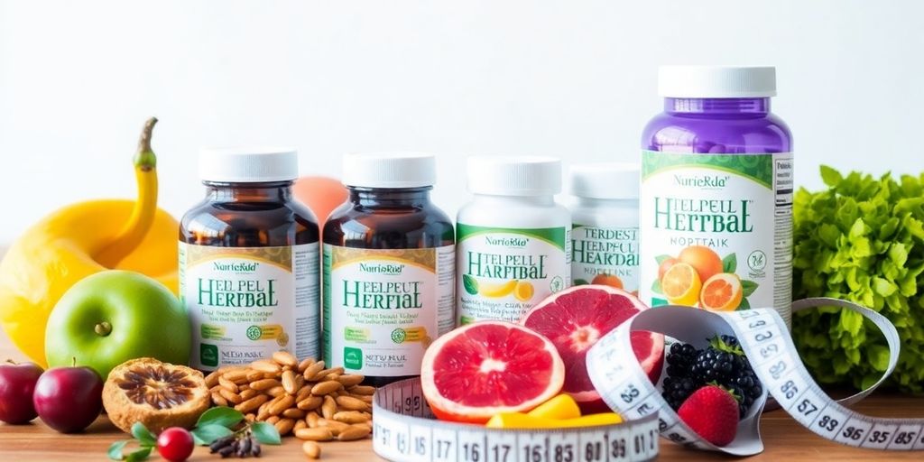 Colorful weight loss products and fresh fruits on table.