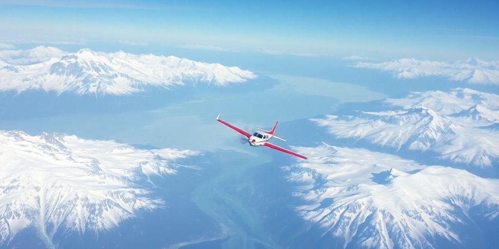 A small plane soars over vast Alaskan glaciers and mountains.