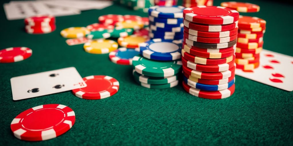 Pile of casino chips and playing cards on a table.
