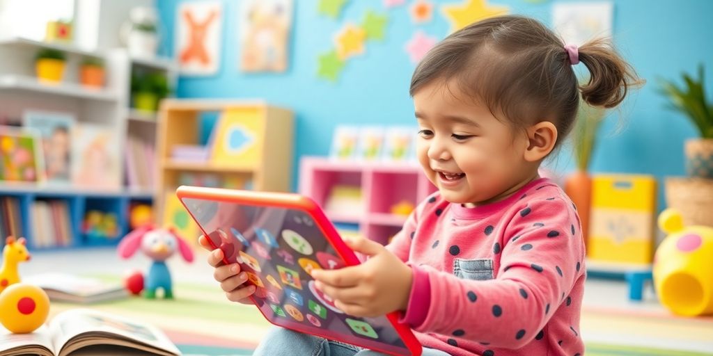 Child using a tablet for interactive educational activities.