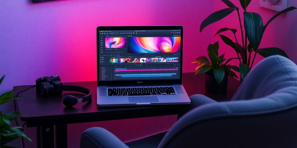 Colorful video editing workspace with laptop and equipment.