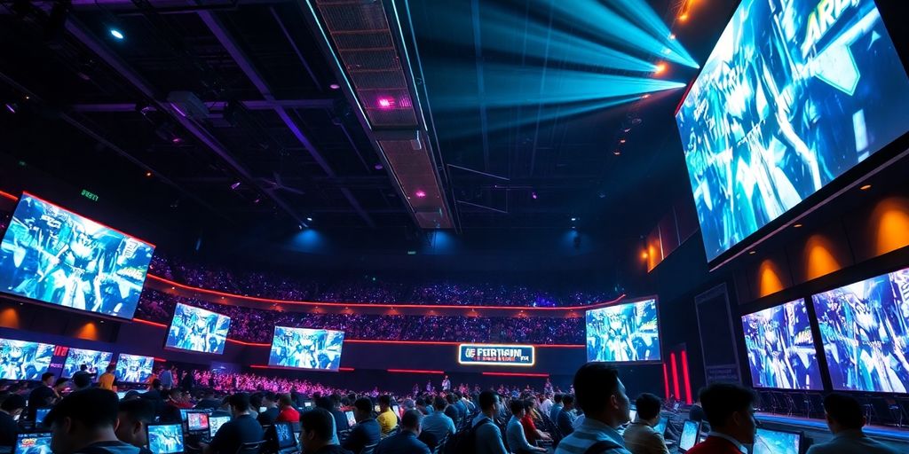 Esports arena with players and glowing screens.