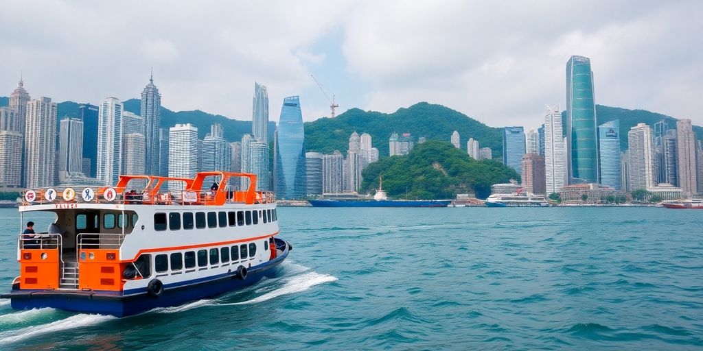 Ferry cruising in Hong Kong's picturesque harbour scene.