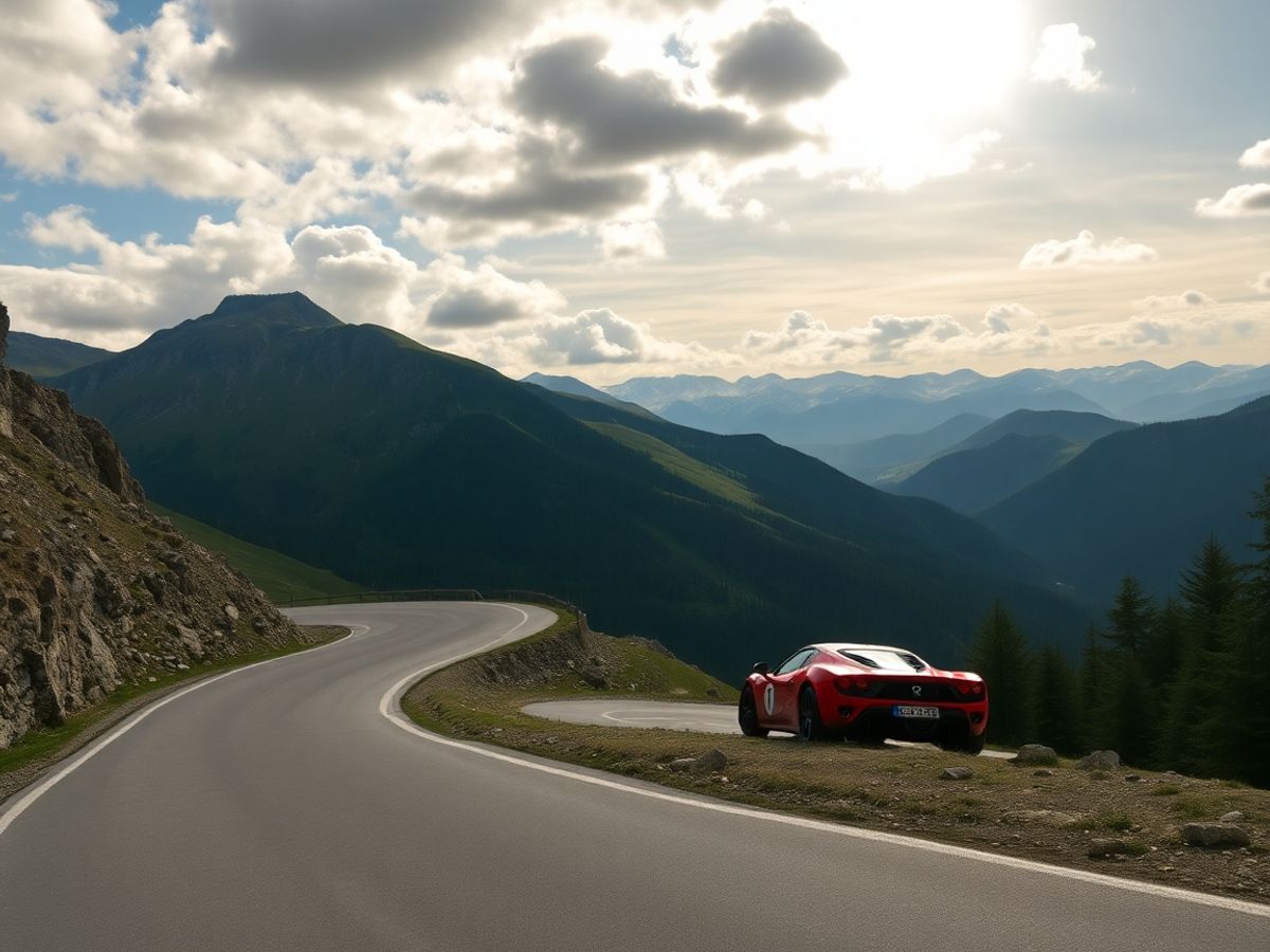 Drum Transfăgărășan șerpuit între munți înalți şi păduri verzi, panoramă