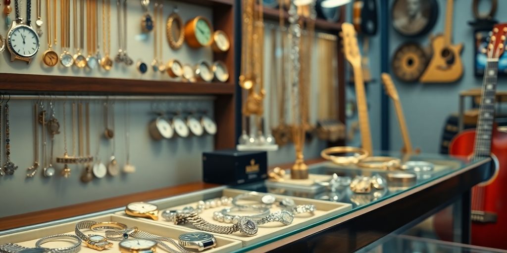 Boutique de prêt sur gage avec objets de valeur.