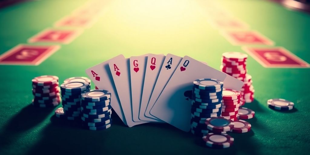 Baccarat cards with chips on a felt table.