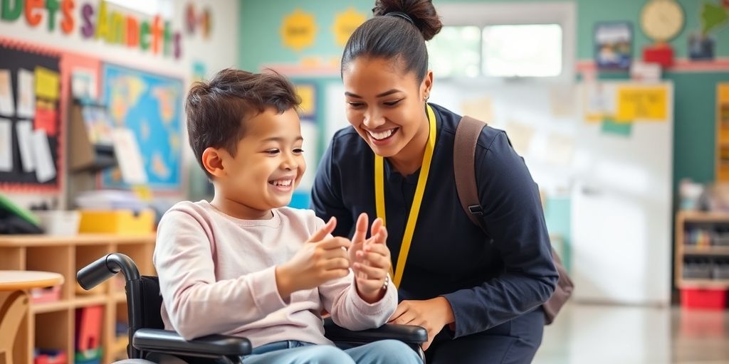 Schulbegleiter unterstützt Schüler mit Mehrfachbehinderung im Klassenzimmer.