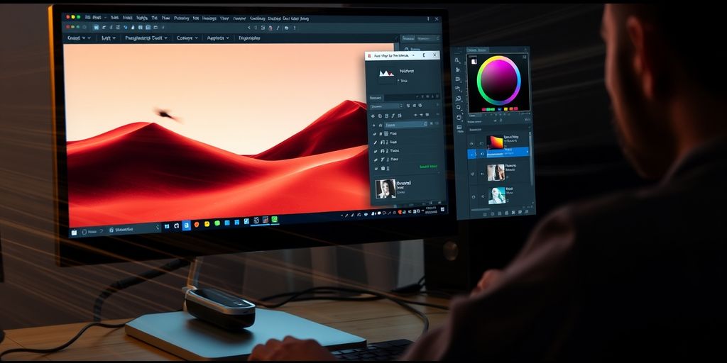 Person using Photoshop with tools and layers visible