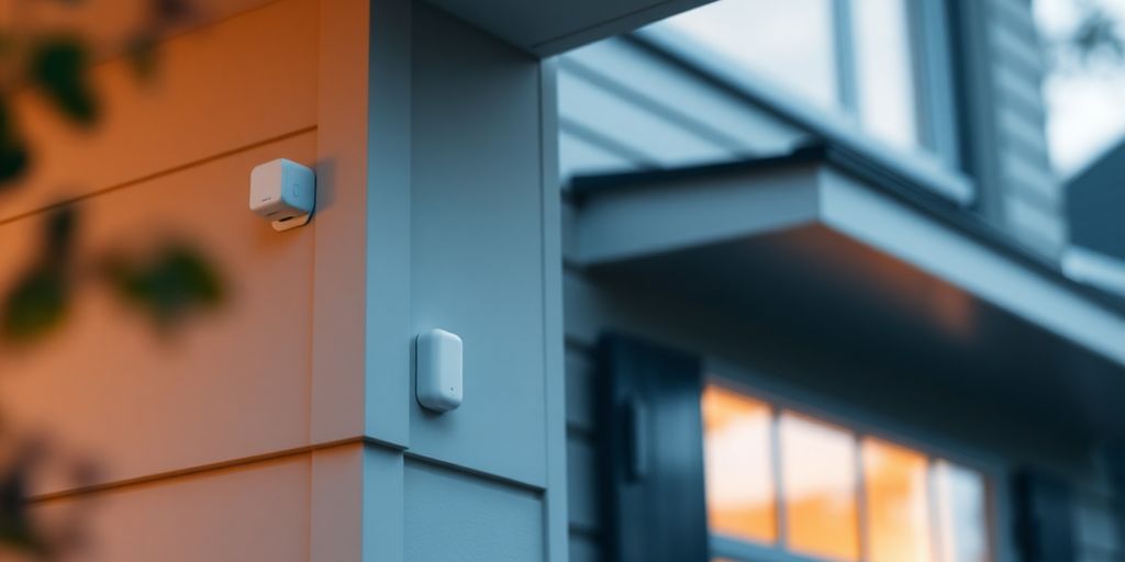 Casa moderna con sistema de alarma visible.