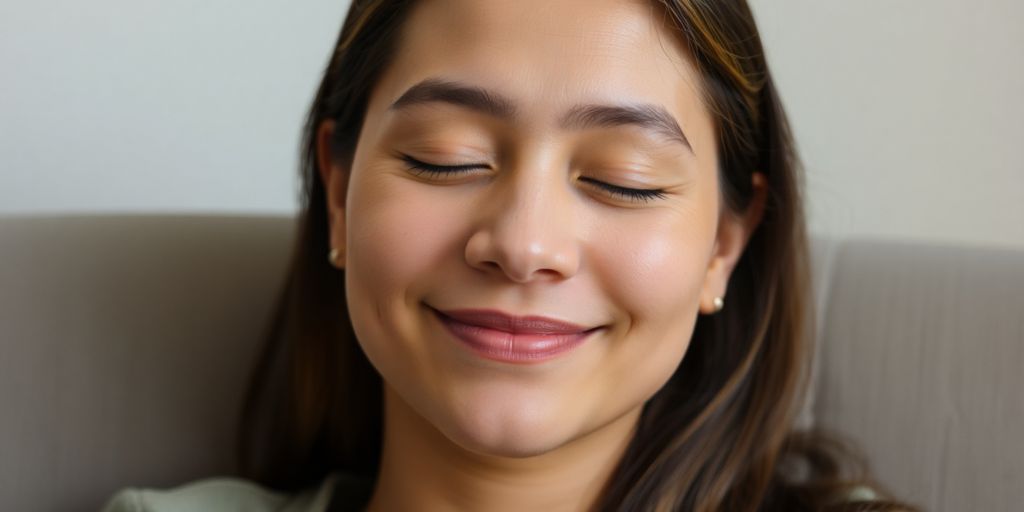 Person meditating with serene expression.