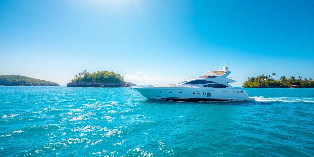 Luxury yacht sailing turquoise Caribbean waters.