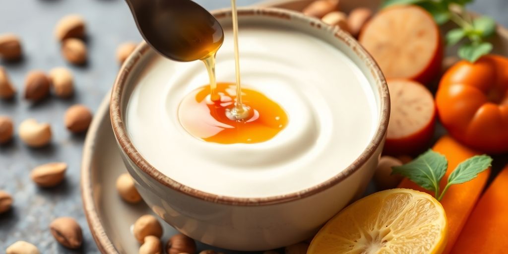 Bowl of cashew cream with nuts and ingredients around.
