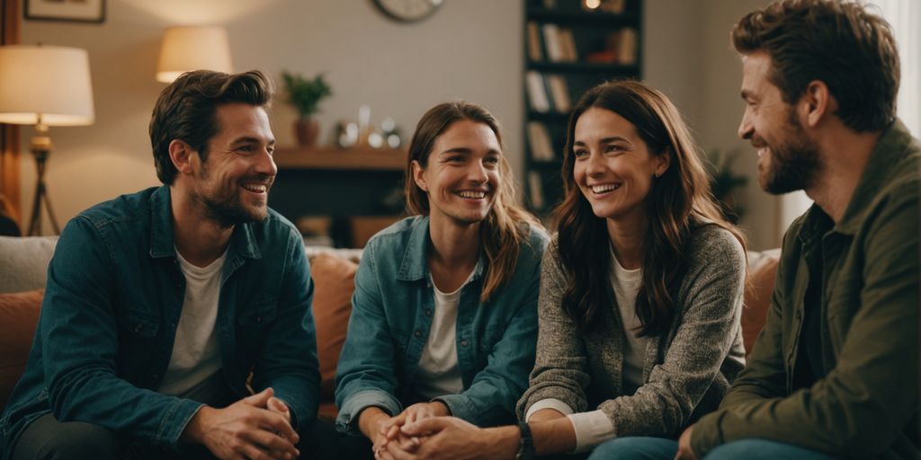 Three friends discussing relationships in a cozy living room.