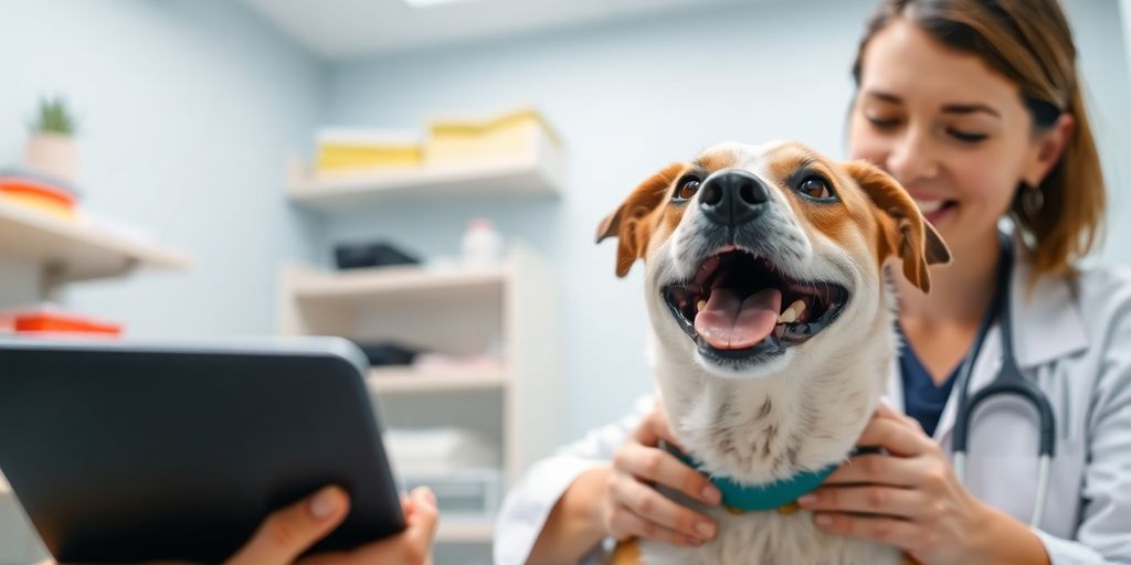 Veterinarian examining a happy dog in a clinic.