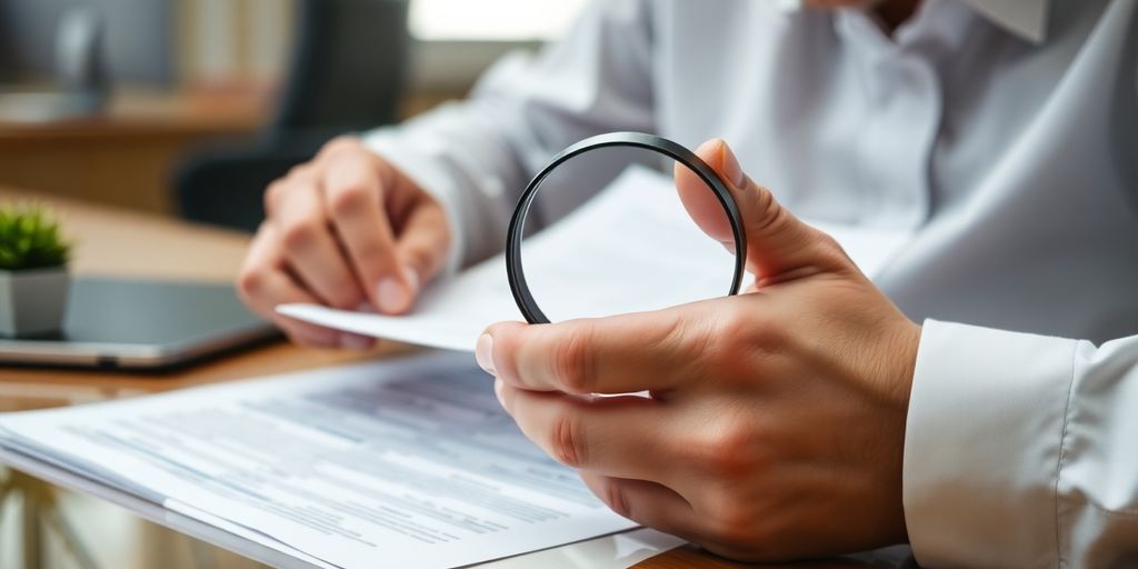 Business professional examining documents with a magnifying glass.