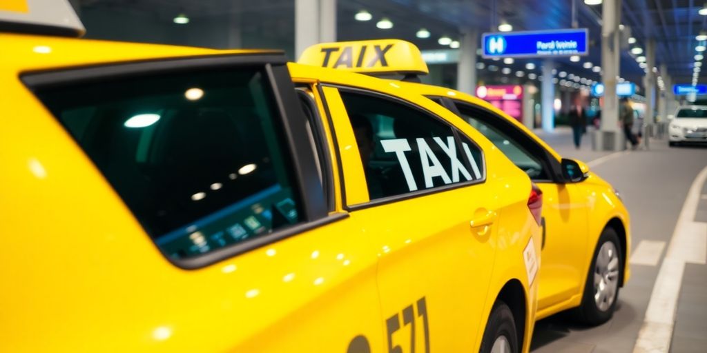 Passenger entering a professional taxi at DFW airport.