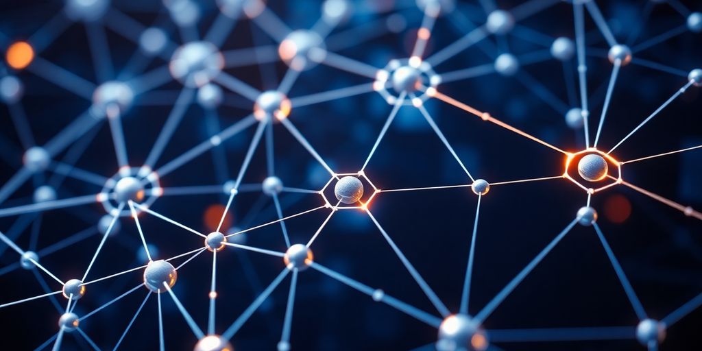 Interconnected blockchain nodes with digital data flow.