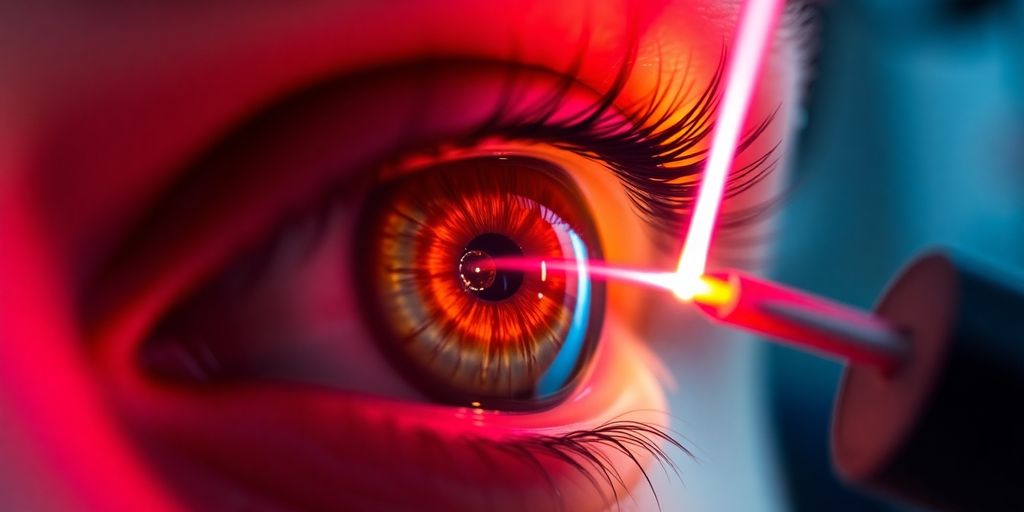 Close-up of a laser beam precisely targeting an eye.