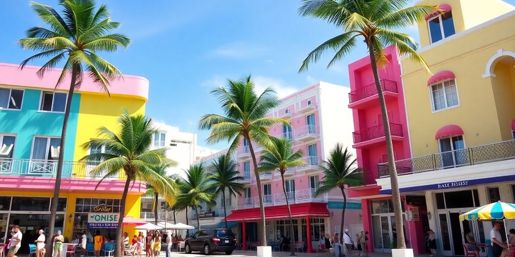 Vibrant South Beach Miami scene with Art Deco buildings.