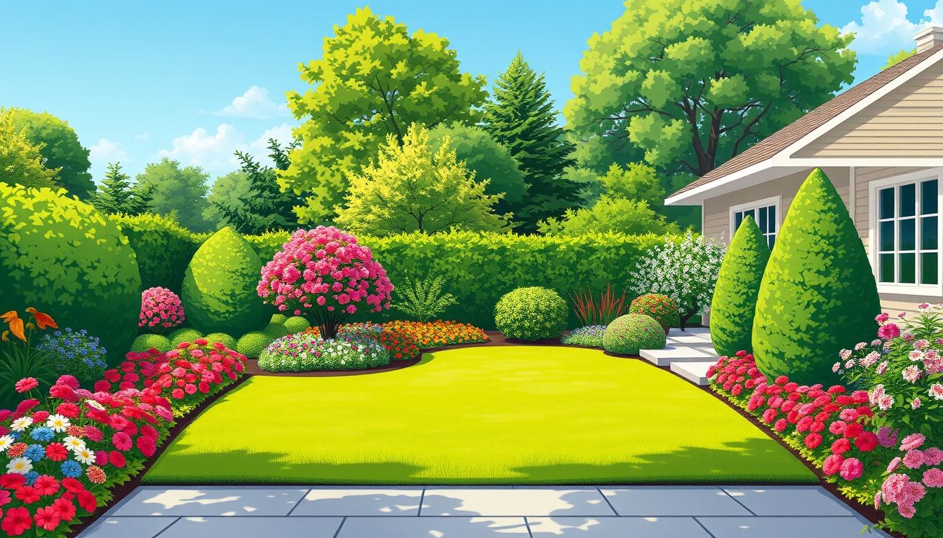 Illustration of a landscaped garden with lawn and flowers