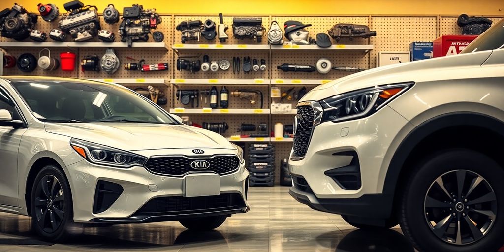 Affordable Kia car parts and vehicles in a store.