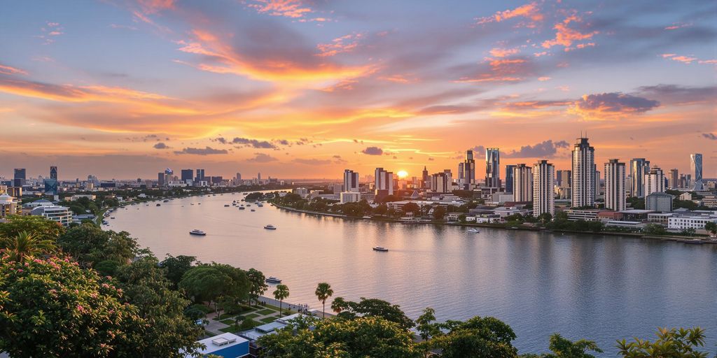 Riverside condo in Bangkok with sunset view.