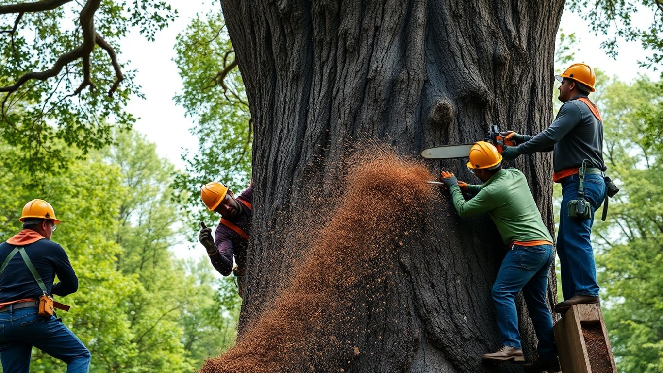 Arborists removing large oak tree in green forest