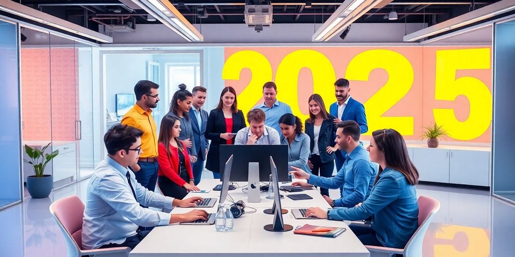 Diverse professionals collaborating in a modern office setting.