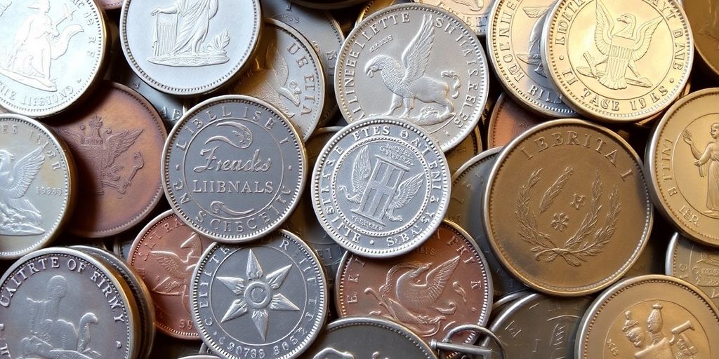 Coins displayed at a numismatic convention
