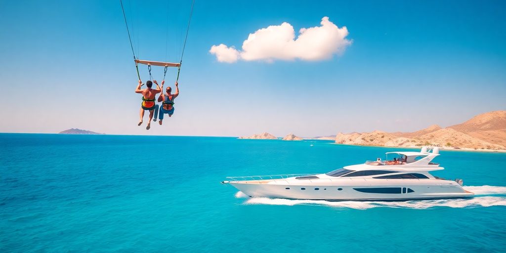 People parasailing over the ocean near Cabo San Lucas.