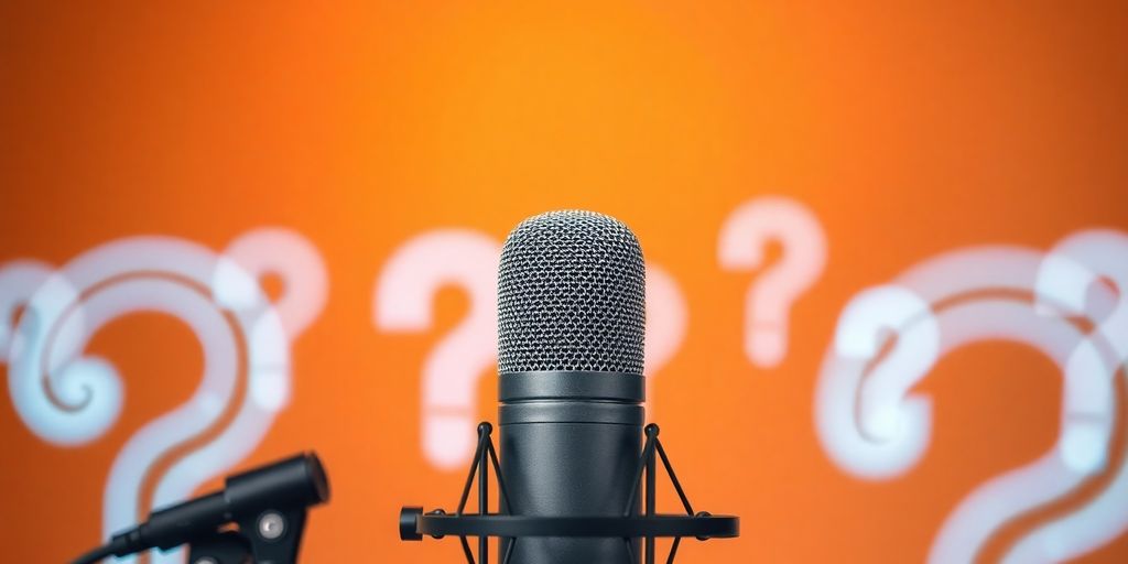 Podcast microphone with question marks floating around it.