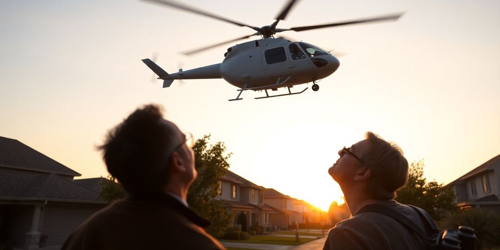 A helicopter flies low over a suburban neighborhood at sunset.