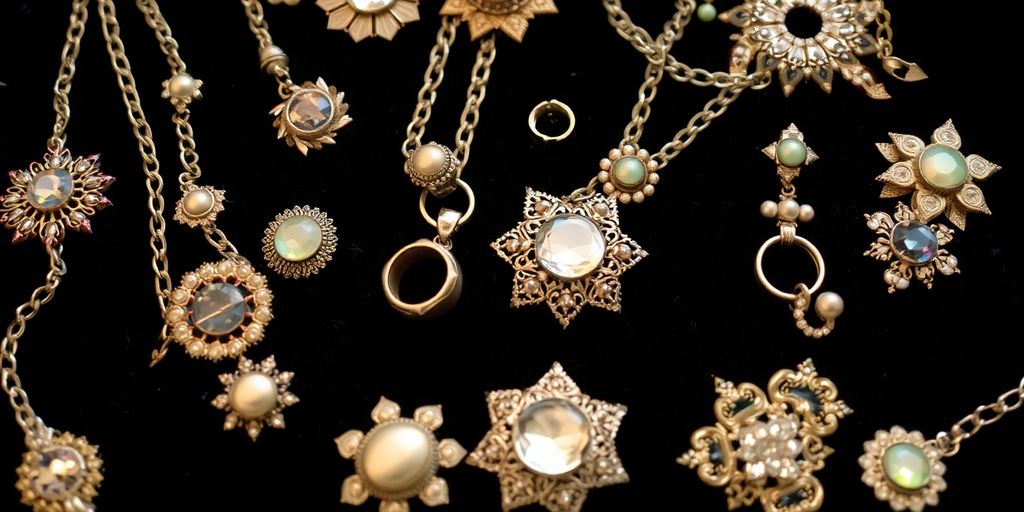 Assorted vintage jewelry, sparkling, on a dark velvet cloth.