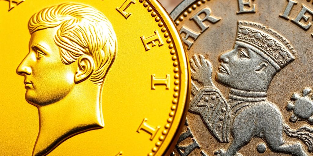 Monnaie Napoléon en or, état neuf et usé.