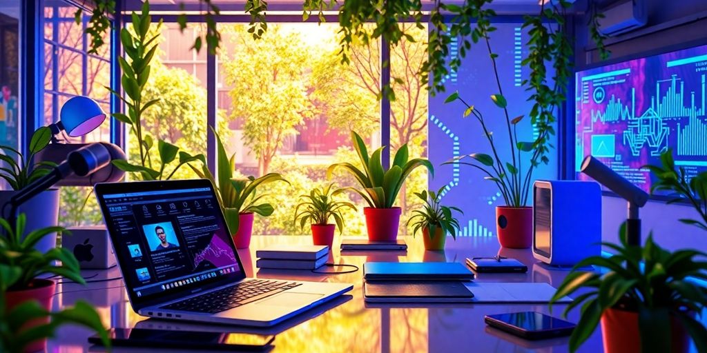 Futuristic workspace with laptop and digital tools.