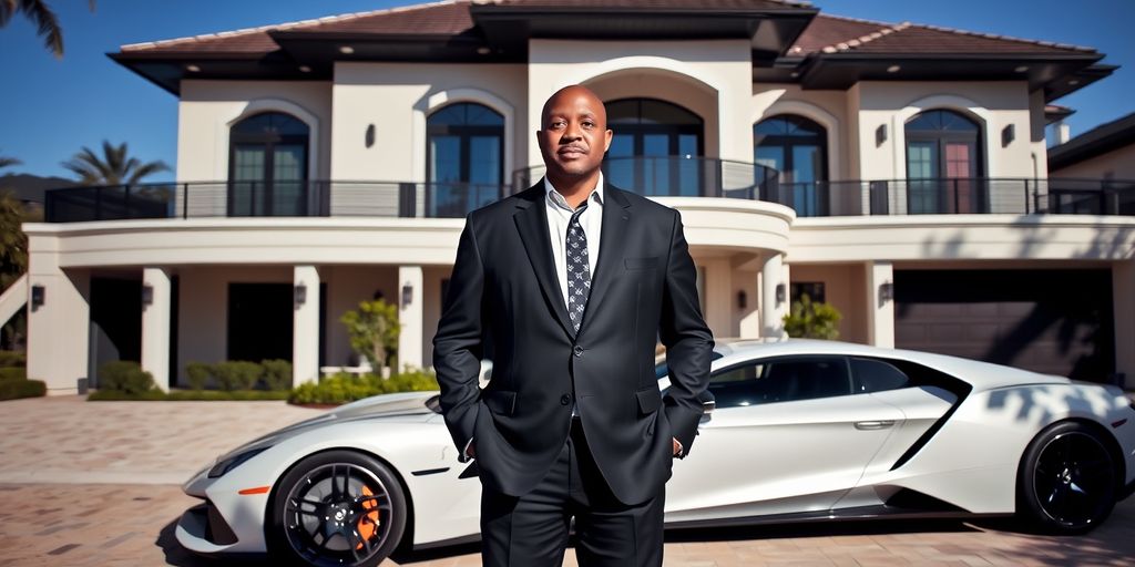 Daymond John in front of a mansion and car
