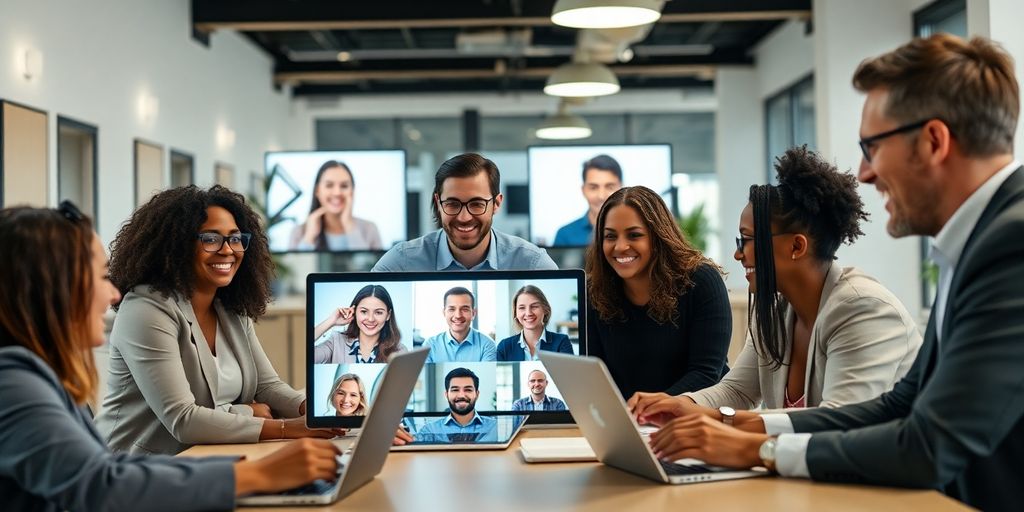Group of diverse professionals engaged in video conferencing, collaborating around laptops and a central screen displaying remote participants, emphasizing modern business communication and teamwork.