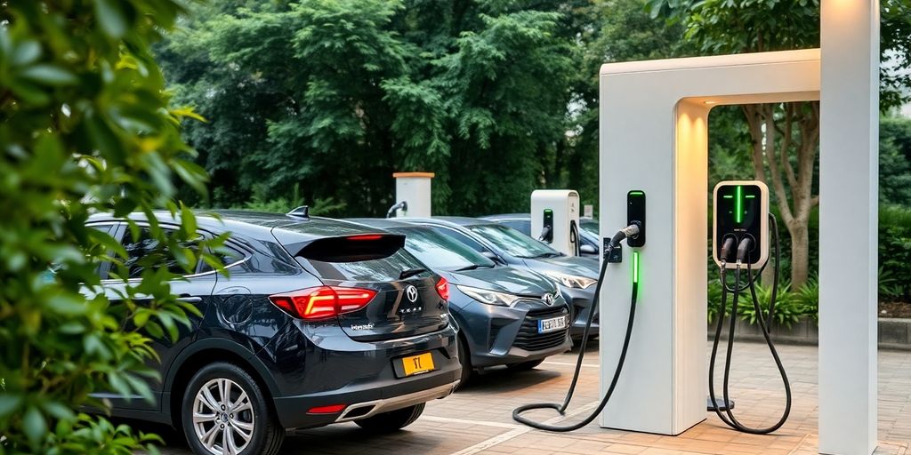 Electric vehicle charging station with cars plugged in.
