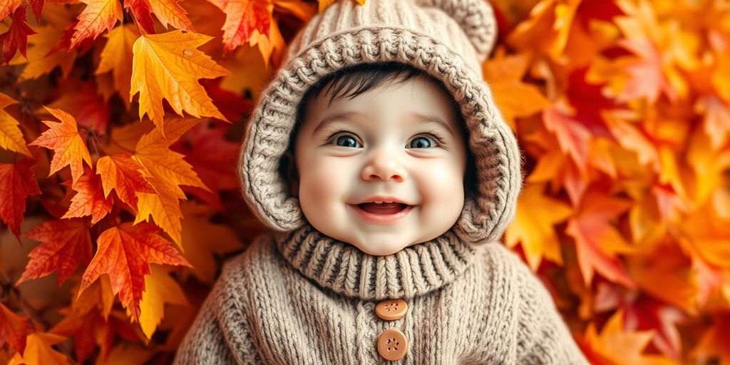 Baby in sweater and hat with autumn leaves