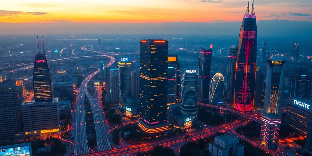 Futuristic city with flying cars and illuminated buildings.