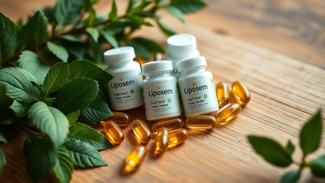 Lipozem capsules with herbs and leaves on a wooden surface.