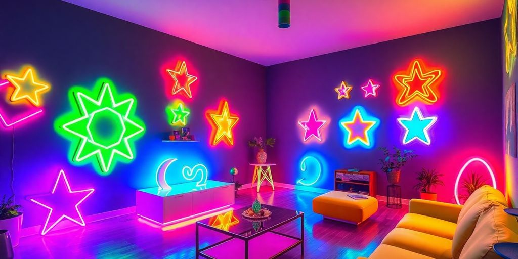 Vibrant neon glow illuminating a stylish room.