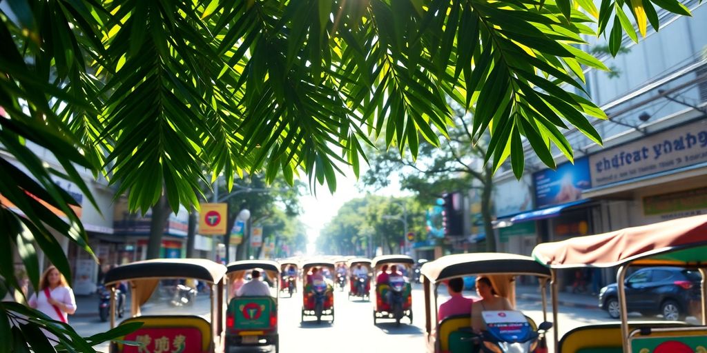 Thai street scene with tuk-tuks and tropical plants.
