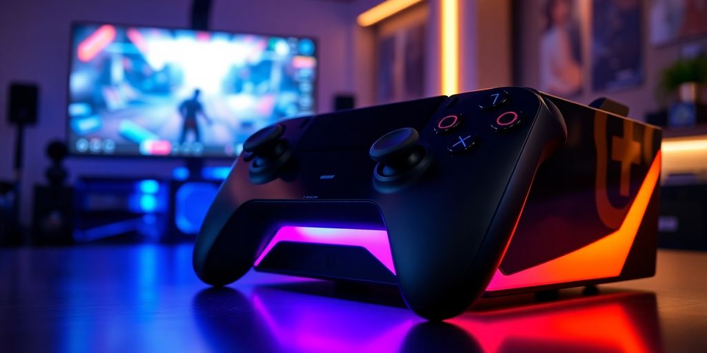 Console de jeu moderne avec manette et écran de jeu.