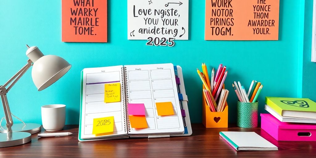 Motivationssystem mit bunten Notizen und Planer auf dem Tisch.