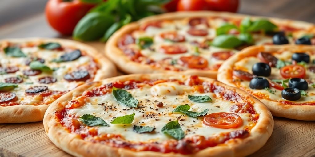 Assorted pizzas with various toppings on a wooden board.