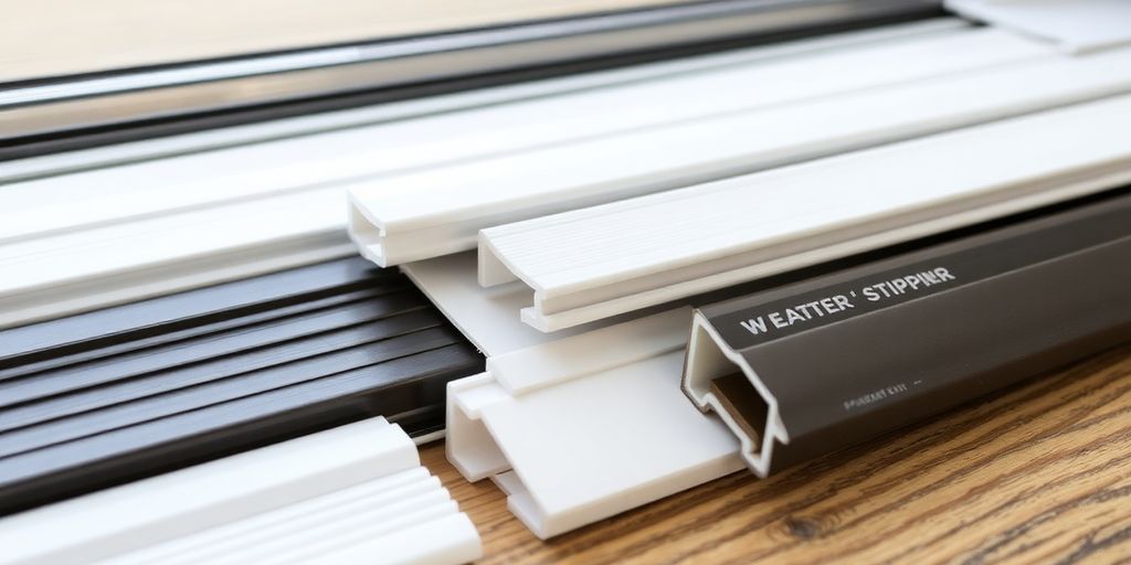 Close-up of window weather stripping materials on wood.